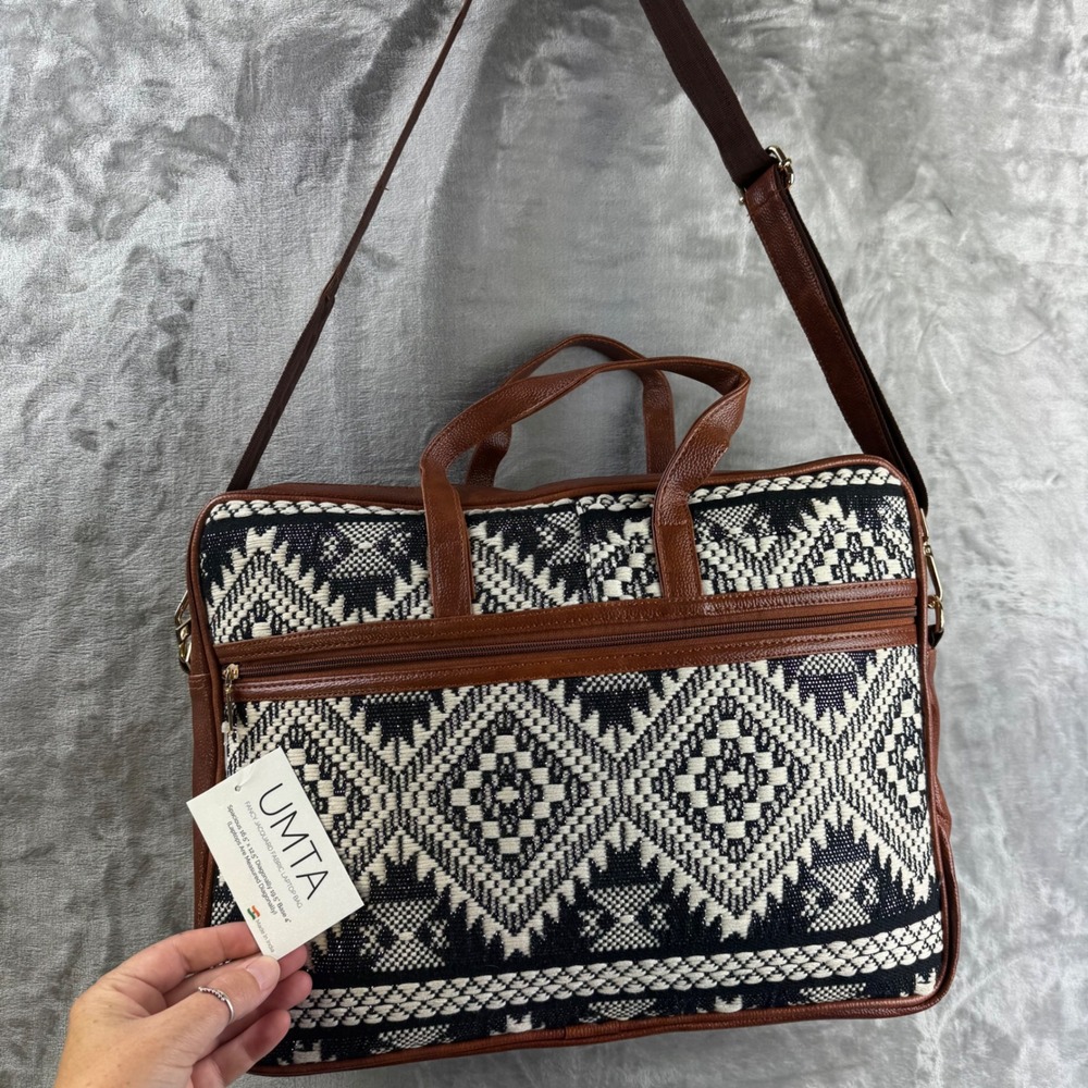 UMTA Jacquard Laptop Bag Unisex Large Black White Aztec Print Briefcase - Picture 2 of 8